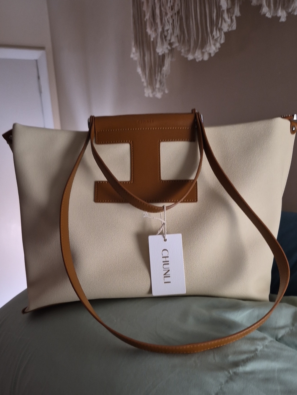 Cream and Tan Tote Bag